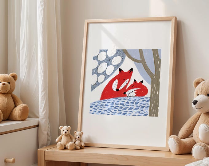 Fox Family Print, Whimsical Nursery Decor, Forest Animal Art, A3 and A4 Unframed, parent and baby