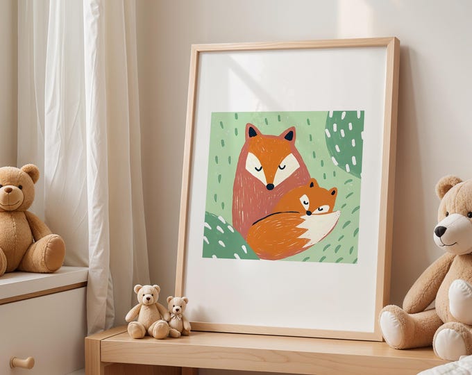 Fox and Cub Print, UK Wildlife Illustration, Nursery Art, A4 and A3 Unframed, children bedroom decor