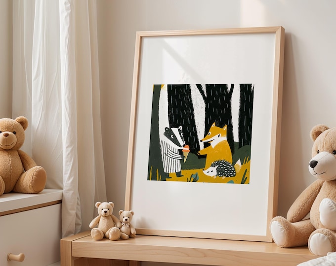 Friends in the woods,  Kids Room Decor, A4 A3 Unframed, Playroom decor, badger wall print