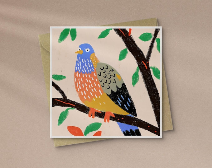 Wood Pigeon Card, Colourful Pigeon on Branch, Wildlife Greeting Card, Blank Inside, Kraft Envelope Included