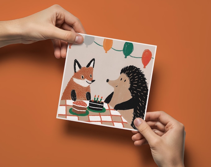 Fox and Hedgehog Birthday Card, Woodland Animals, Blank Inside, Kraft Envelope, Children greeting card