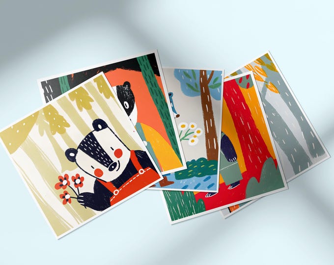 Badger and Flowers greeting cards set, Wildlife cards pack of 5 with envelopes