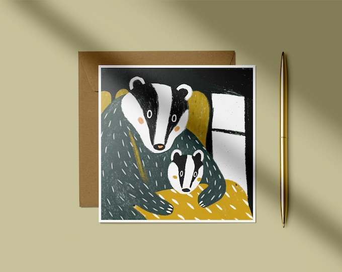 Badger Cuddle Greeting Card, British Wildlife Art, Blank Inside, Kraft Envelope, Mam and baby card