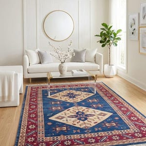 Puede incluir: Una alfombra rectangular con un patrón geométrico en un salón. La alfombra presenta un campo azul oscuro con un diseño central de diamante en beige y bordes rojos. La alfombra tiene flecos y está sobre un suelo de madera.