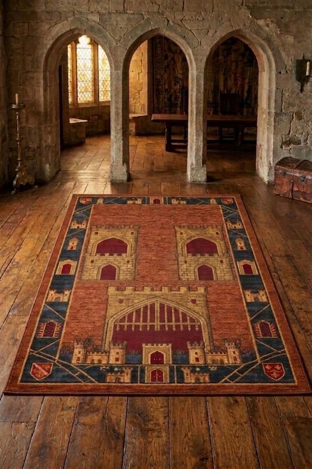 Hand-knotted Medieval Castle Rug - Terracotta & Navy Gothic ...