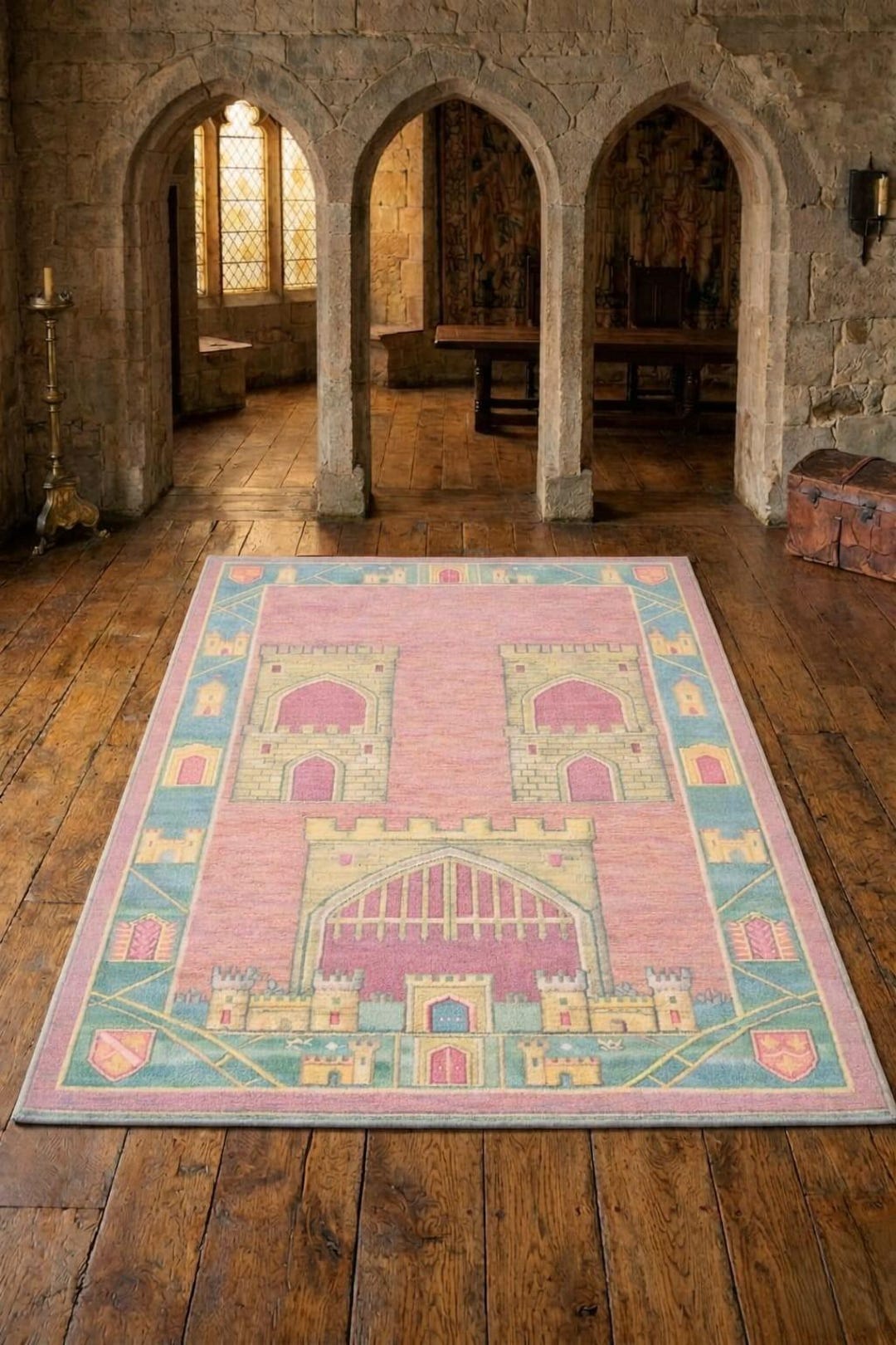 Hand-knotted Pastel Castle Rug - Dusty Rose & Sage Green Medieval ...