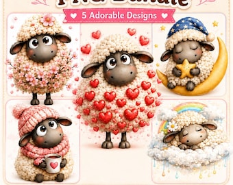 Könnte beinhalten: Ein digitales Grafikset mit dem Titel Cute Sheep PNG Bundle mit fünf Schaf-Illustrationen. Ein Schaf trägt Kirschblüten, eines hat rote Herzen, eines schläft auf einem Mond, eines trägt eine rosa Mütze und Schal, und eines ruht auf einer Wolke mit einem Regenbogen.
