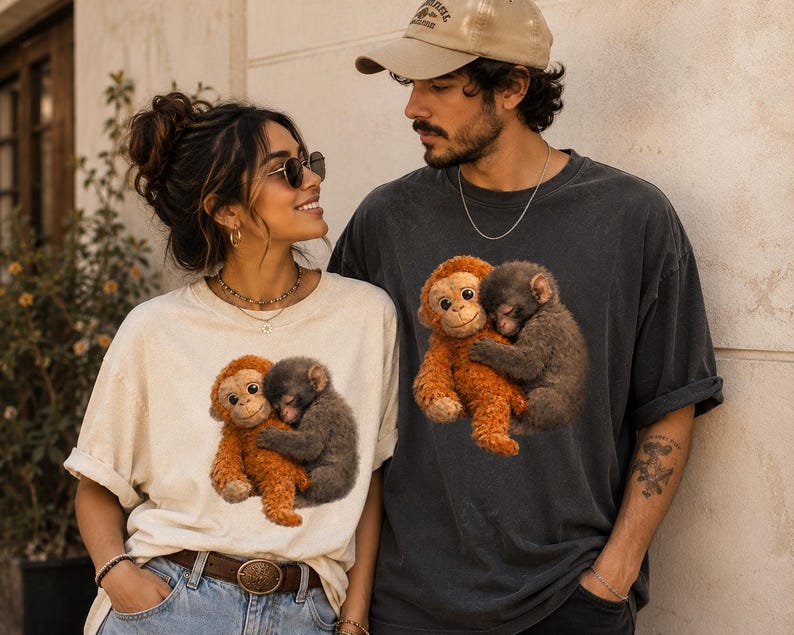 Young couple wearing matching Comfort Colors graphic t-shirts featuring a viral lonely baby monkey hugging a plush toy. Vintage oversized aesthetic shirts in ivory and pepper colors photographed in a warm lifestyle setting, perfect for Etsy apparel listings and animal lover gifts.
