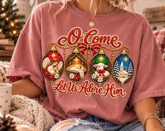 O Come Let Us Adore Him PNG, Christian Christmas PNG, Faux Yarn Nativity Ornament Design, Religious Christmas Shirt Sublimation