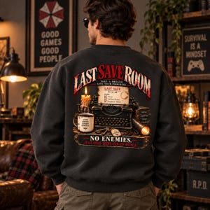Last Save Room PNG, Survival Horror Gamer Design, Retro Gaming Shirt Graphic, Horror Game PNG, Typewriter Coffee Sweatshirt Design