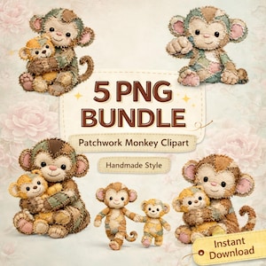 Patchwork Monkey PNG Bundle, Cute Punch Monkey Clipart, Applique Fabric Style Animals, Teddy Bear Monkey, Sublimation Design, Printable Art