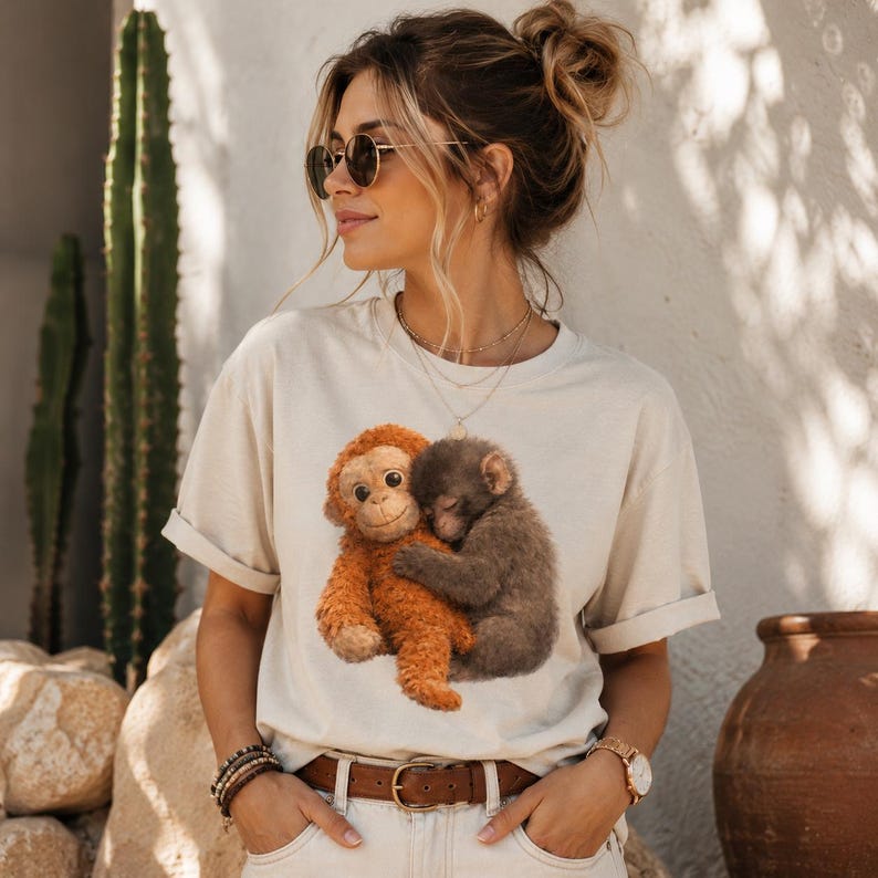 Comfort Colors shirts with viral lonely monkey artwork showing a baby monkey cuddling a stuffed animal. Cozy oversized graphic tees for animal lovers and aesthetic fashion fans.
