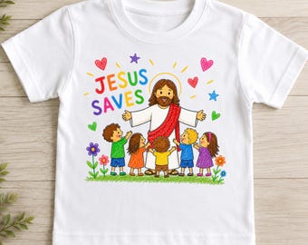 Könnte beinhalten: Weißes T-Shirt mit einer farbenfrohen Grafik von Jesus und Kindern. Der Text "JESUS SAVES" steht in Regenbogenfarben über dem Bild. Herzen, Sterne und Blumen vervollständigen das Design. Ein Kinder-T-Shirt.