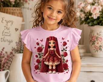 Könnte beinhalten: Ein hellrosa T-Shirt mit Flügelärmeln und einem Grafikdruck einer Puppe mit langem rotem Haar in einem dunkelroten Kleid, umgeben von roten Rosen und kleinen Schmetterlingen. Die Puppe trägt eine passende rote Rose auf dem Kleid.