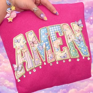 AMEN PNG, Pastel Patchwork Butterfly Design, Coquette Christian Shirt, Faux Embroidery Sublimation, Christian Shirt, Christian PNG