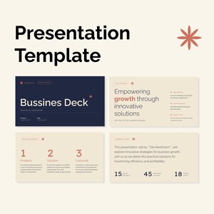 May include: A presentation template with a cream background and dark blue and cream-colored slides. The slides include the text "Bussines Deck", "Empowering growth through innovative solutions", and numbered sections for problem, solution, and outcome.