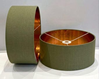 Abat-jour tambour sur mesure fait main sur commande en tissu de lin vert sauge foncé, abat-jour tout usage pour tables et plafonds de toutes tailles