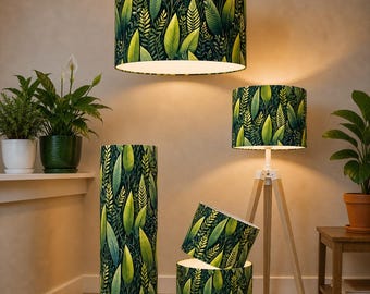 Bespoke Handmade by order luxury large green leaf patterned velvet drum shape lamp shade ceiling lamp shade suitable for all fittings