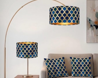 Handgjord på beställning, navigerad, blå och guld marockansk geometrisk mönstrad trumlampskärm, pendellampskärm i alla former och storlekar finns