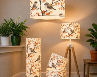 Bespoke Handmade by order luxury sparrow birds on orange leaf plant patterned velvet drum shape lamp shade ceiling lamp shade suitable all