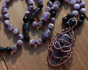 Lange Perlen Amethyst Edelstein Halskette geknotet