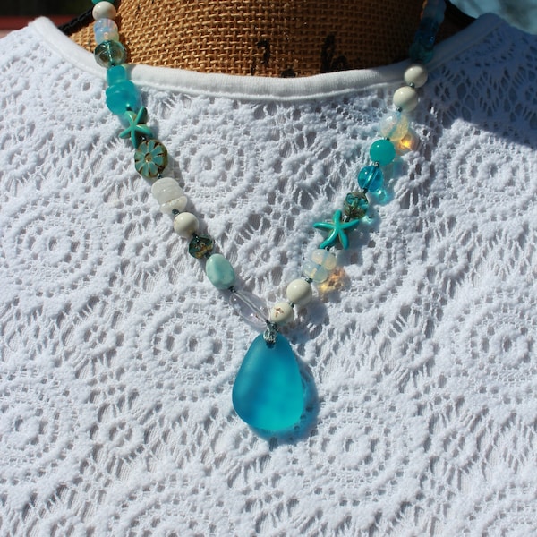 Coastal Harmony Sea Glass Necklace 19 inches by Knottedup