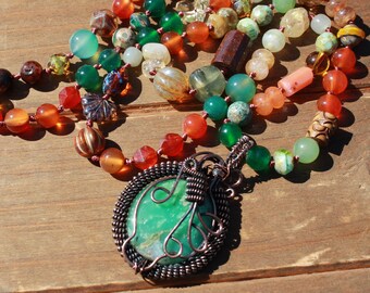 Bohemian Gemstone Jewelry Chrysoprase Necklace by Knottedup