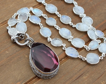 Collar de piedra lunar de 19 pulgadas con colgante de turmalina rosa: joyería con piedras preciosas de Knottedup