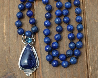 Lapis Lazuli Navy Blue Beaded Pendant Necklace 20 Inches, by Knottedup