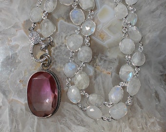 21-Inch Moonstone Necklace with Pink Tourmaline Pendant-Gemstone Jewelry by Knottedup