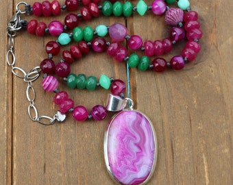 Pink Agate Gemstone Beaded Necklace by Knottedup