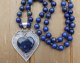 Dark Blue Sodalite Beaded Heart Necklace by Knottedup