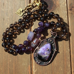 Mystic Harmony Amethyst and Smoky Quartz Gemstone Necklace with Pendant