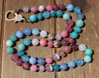 Hand-Knotted Gemstone Necklace: Blues and Pinks - 21 Inches by Knottedup