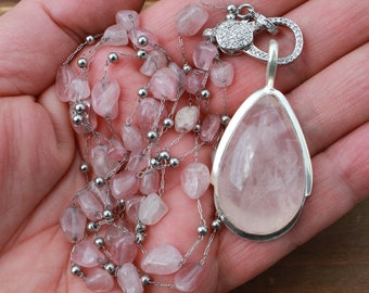 Rose Quartz Statement Pendant Necklace Eternal Elegance by Knottedup