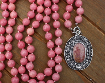 Radiant Blush: Faceted Pink Jade Necklace with Sterling Silver Artisan Pendant - 40 inches