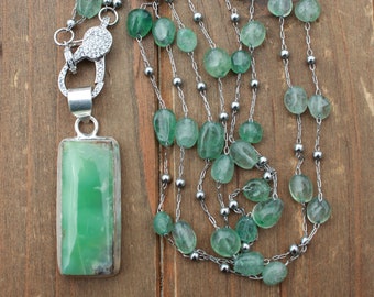 Delicate Aventurine Necklace with Chrysoprase Pendant - 20 Inches by Knottedup