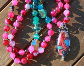 Pink Dahlia Turquoise Beaded Necklace by Knottedup