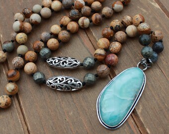Hand-Knot Picture Jasper Necklace with Larimar Pendant by Knottedup