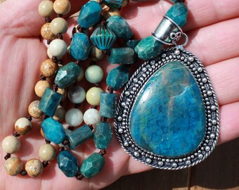 Handcrafted Apatite and Jasper Pendant Necklace - Rustic Elegance, 28 Inches