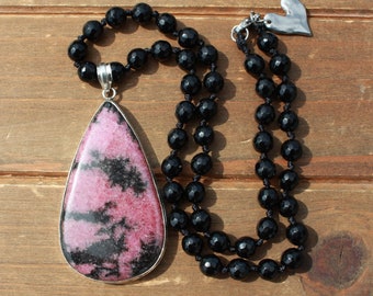 Midnight Serenade: Black Onyx Knot Necklace with Sterling Silver Rhodonite Pendant by Knottedup