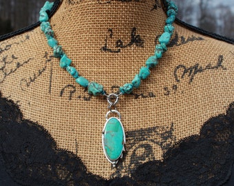 Handcrafted Tibetian Turquoise Necklace with Kingman Pendant - 18 Inches