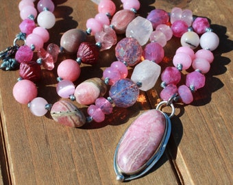 Pretty in Pink Beaded Rhodochrosite Necklace, Knottedup