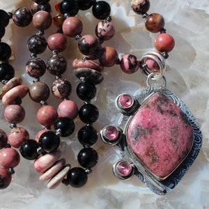 Long Rhodonite Gemstone Necklace with Fancy Artisan Pendant by Knottedup
