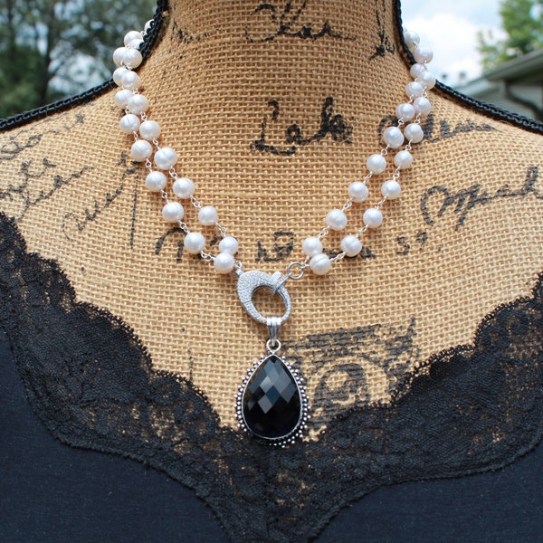 Elegant Sapphire and Pearl Necklace, Pave Clasp, Jewelry for Her, Knottedup