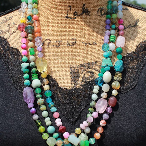 Rainbow Radiance: Handknotted Gemstone Necklace 32 inches by Knottedup