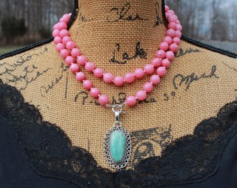 Harmony in Pink: Faceted Pink Jade Necklace with Larimar Pendant by Knottedup