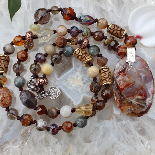 Beaded Necklace, 25 inch Necklace, Crazy Lace Agate shops Necklace, Natural Stone Jewelry, Artisan Jewelry, Gifts for Her, Hand Knot, Knottedup