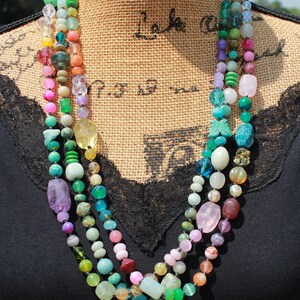 Long Rainbow Gemstone Hand Knot Beaded Necklace, Knottedup