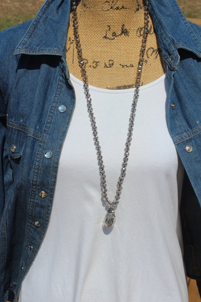 Beaded Intuition Necklace Boho Jewelry by Inarajewels Long Gray Crystal Necklace Boho Glam